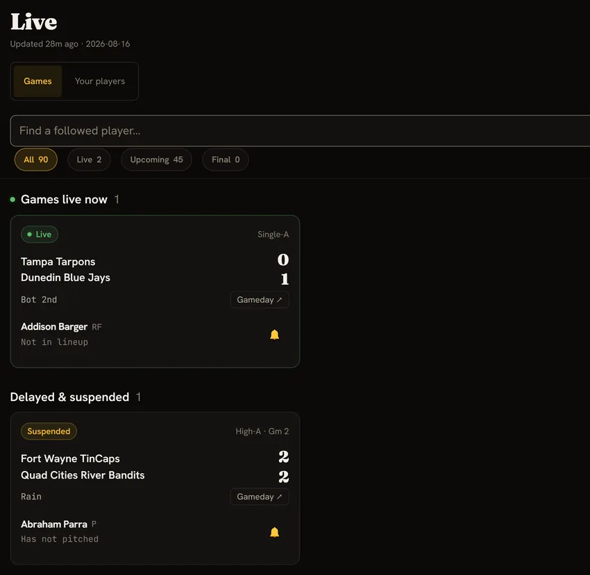 The Nine Signal live board grouped into games live now, delayed and suspended, and later today, with the followed player on each game.
